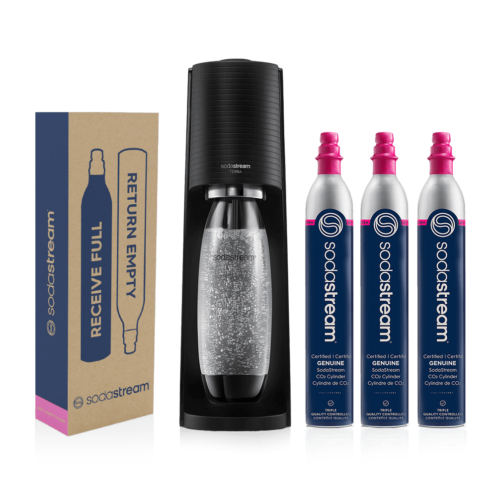 sodastream black terra carbonation bundle: sparkling water makers + 2 bonuc co2 cylinders