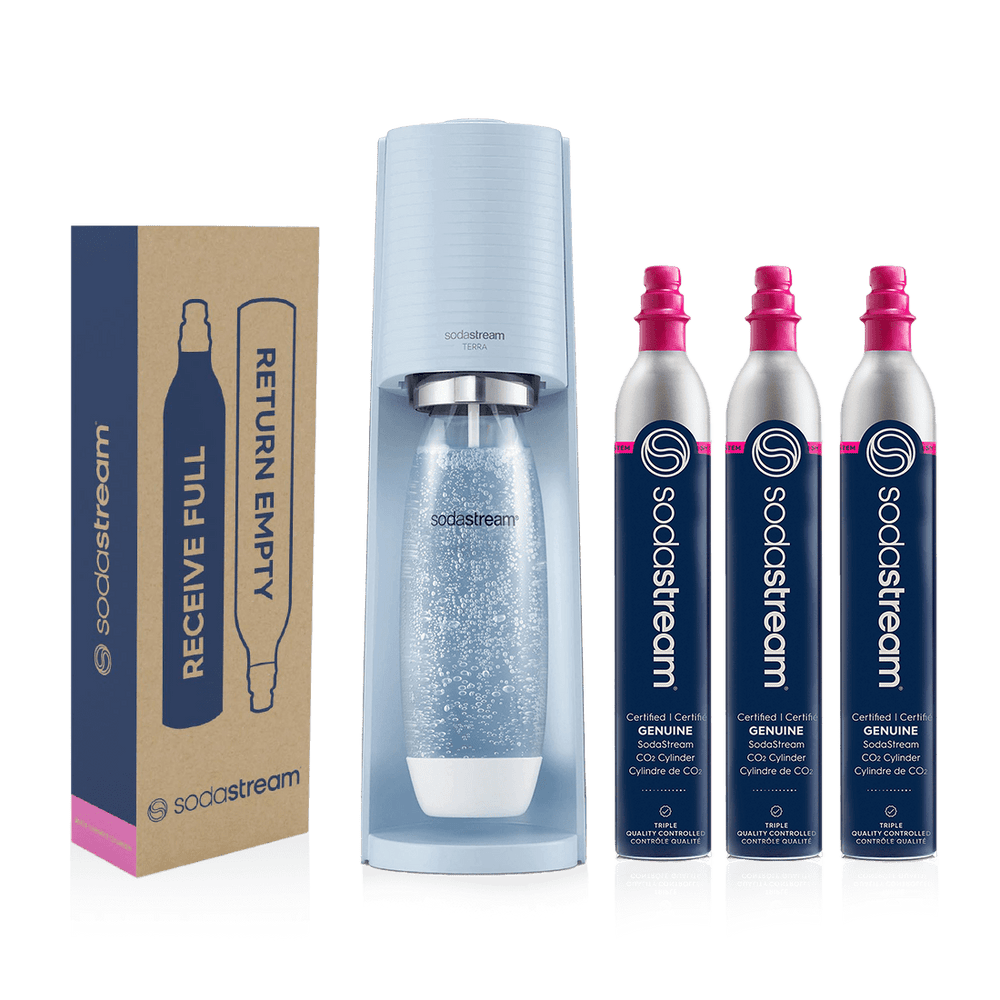 sodastream terra misty blue sparkling water maker + 2 bonus co2 gas cylinders