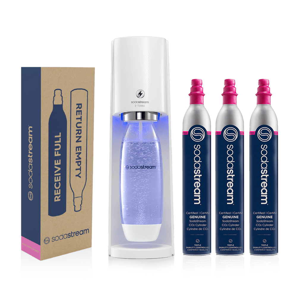 sodastream e-terra white sparkling water maker with 2 bonus co2 gas cylinders