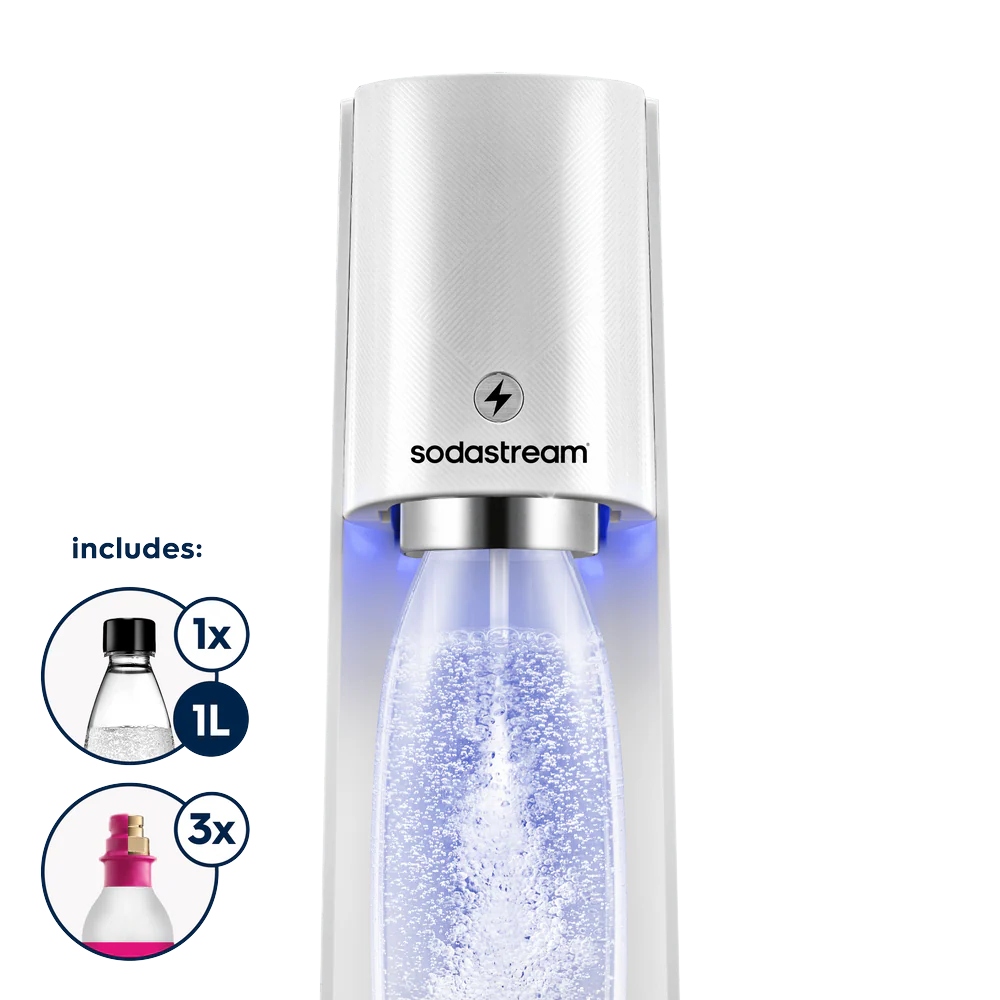 sodastream e-terra white sparkling water maker with 2 bonus co2 gas cylinders
