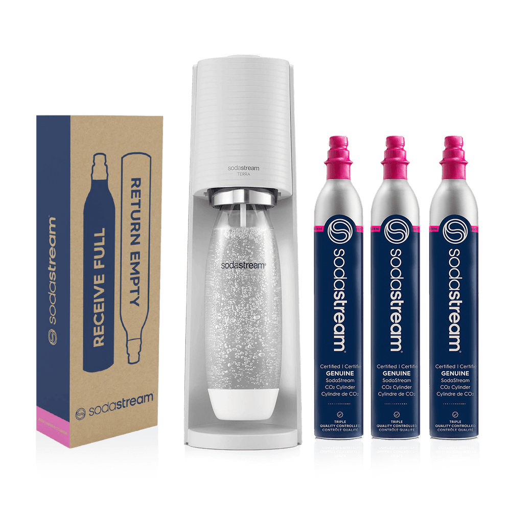 sodastream white terra sparkling water maker + 2 bonus co2 gas cylinders