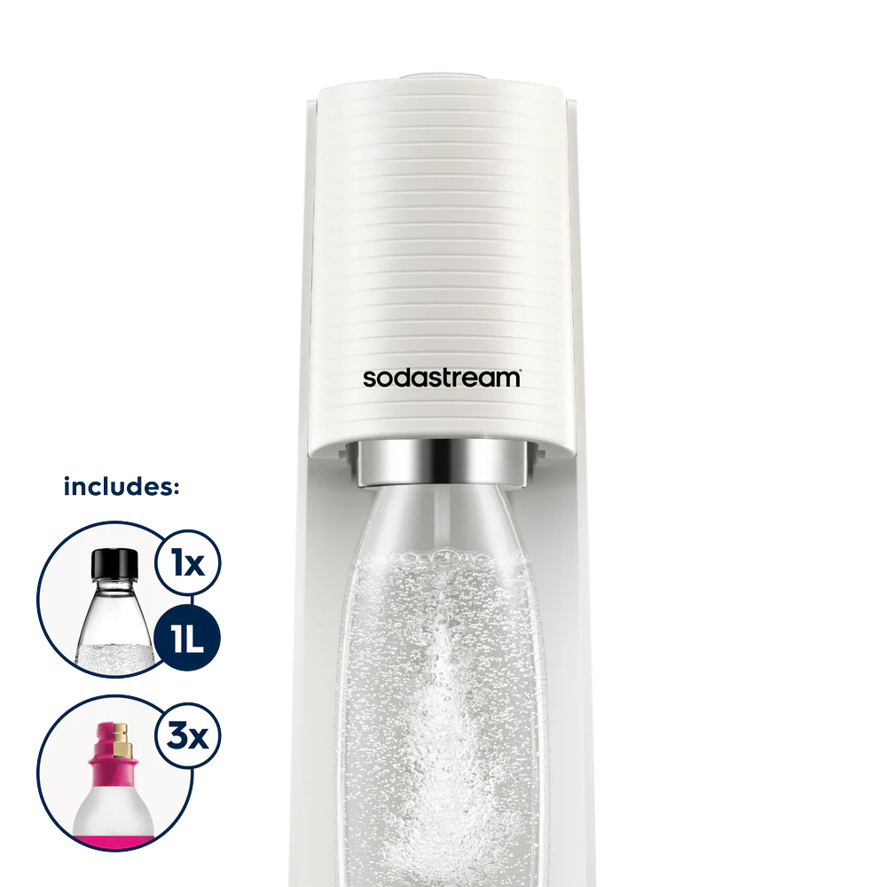 sodastream white terra sparkling water maker + 2 bonus co2 gas cylinders