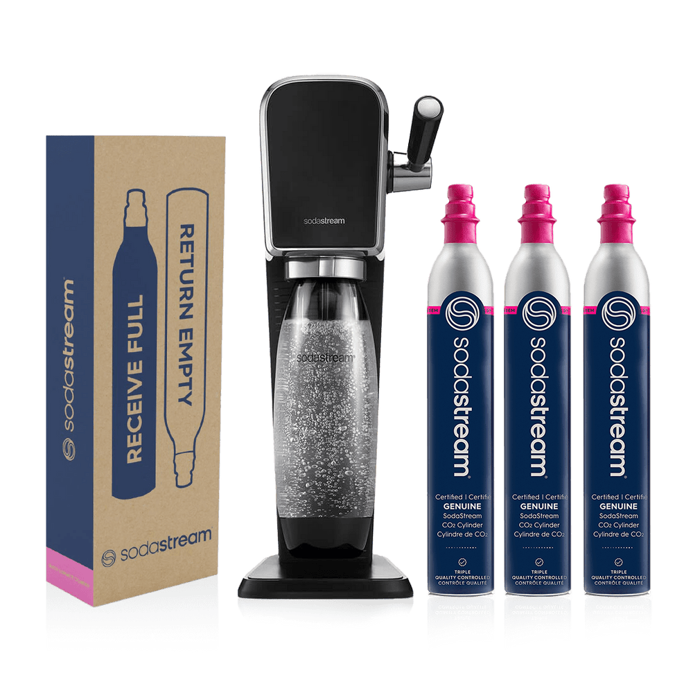 sodastream black terra sparkling water maker + 2 co2 gas cylinders