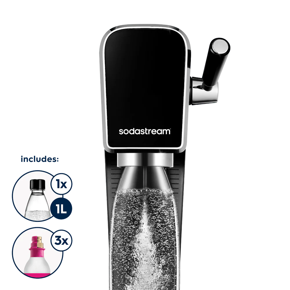 sodastream black terra sparkling water maker + 2 co2 gas cylinders