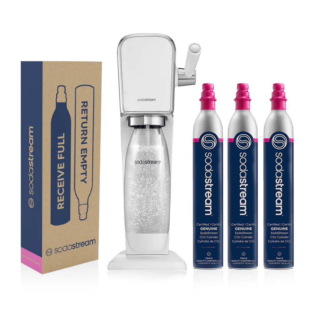 sodastream art white sparkling water maker + 2 bonus co2 gas cylinders