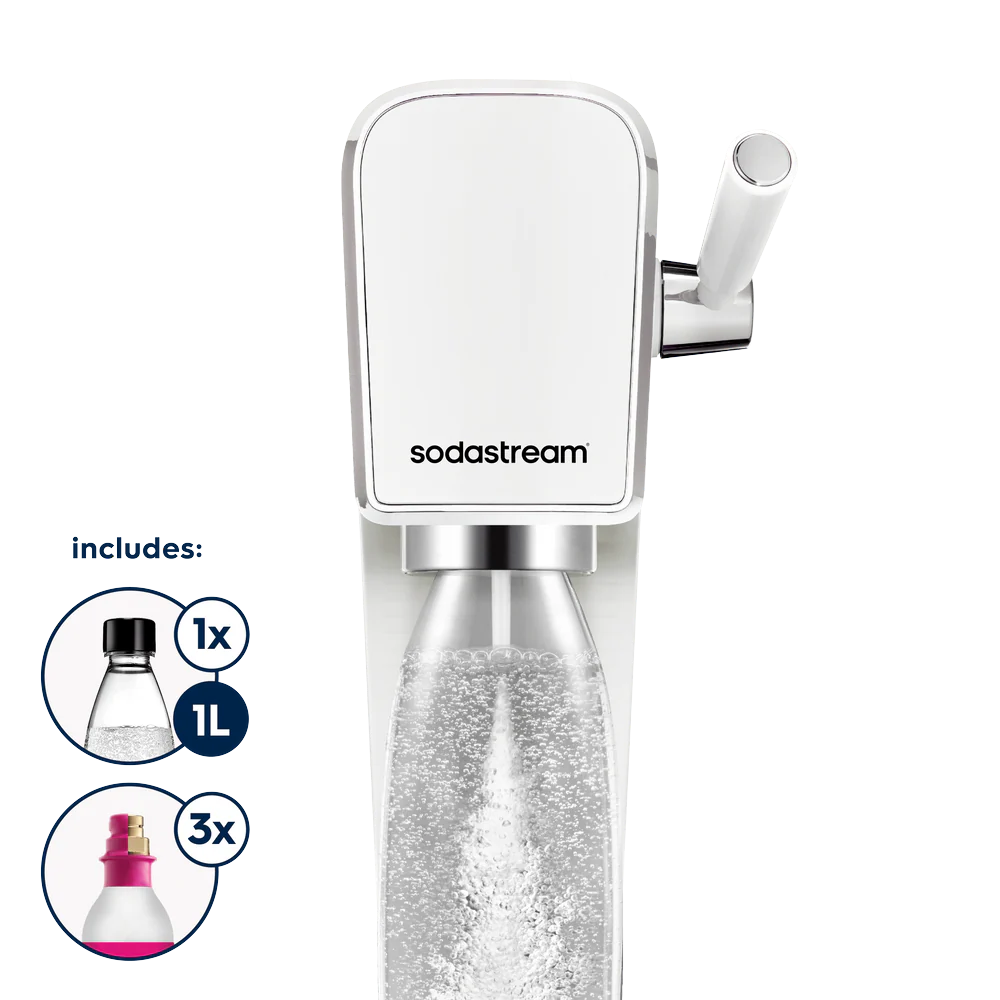 sodastream art white sparkling water maker + 2 bonus co2 gas cylinders