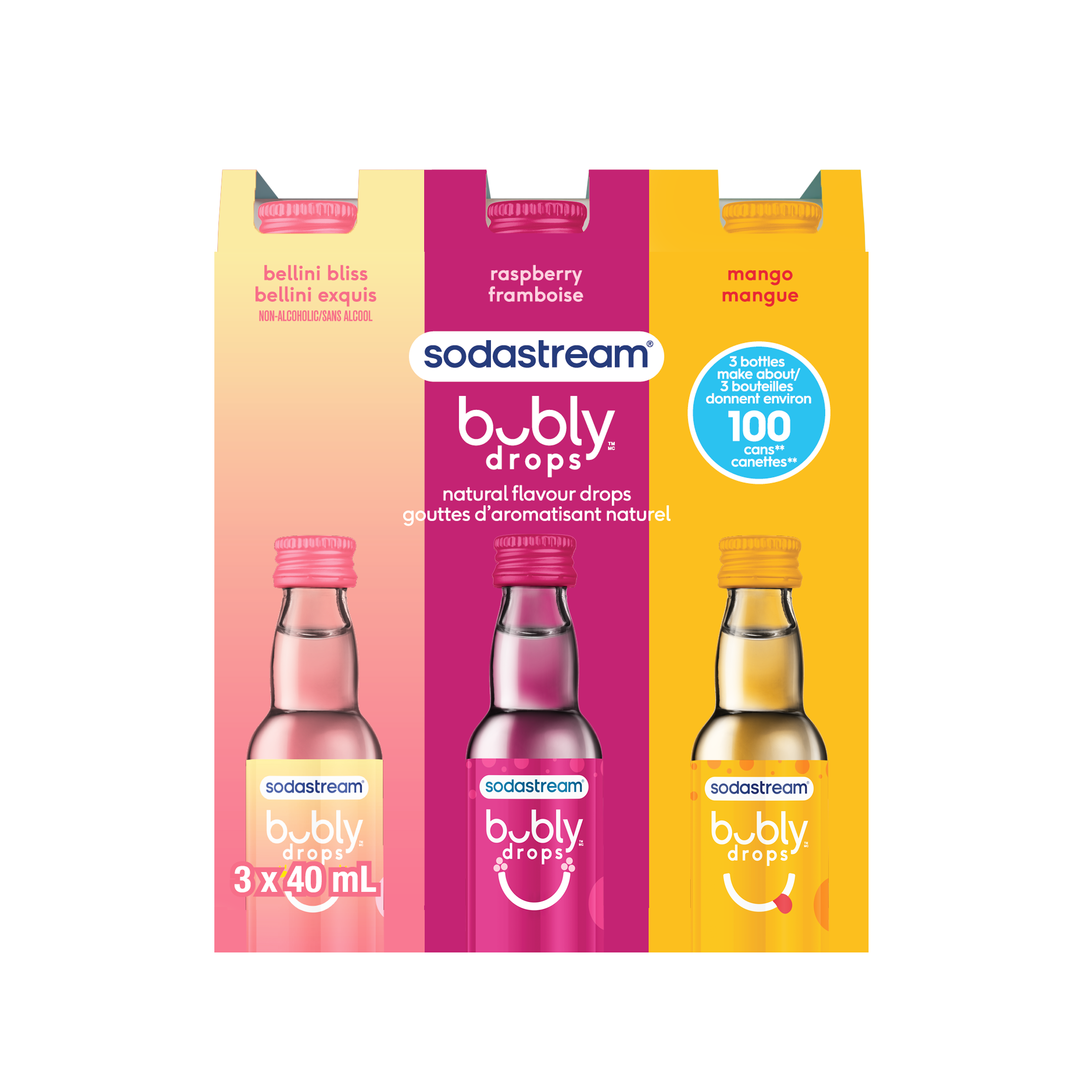 Saveurs naturelles bubly™ framboise, mangue et délice bellini - paquet de 3 bouteilles de 40 ml sodastream