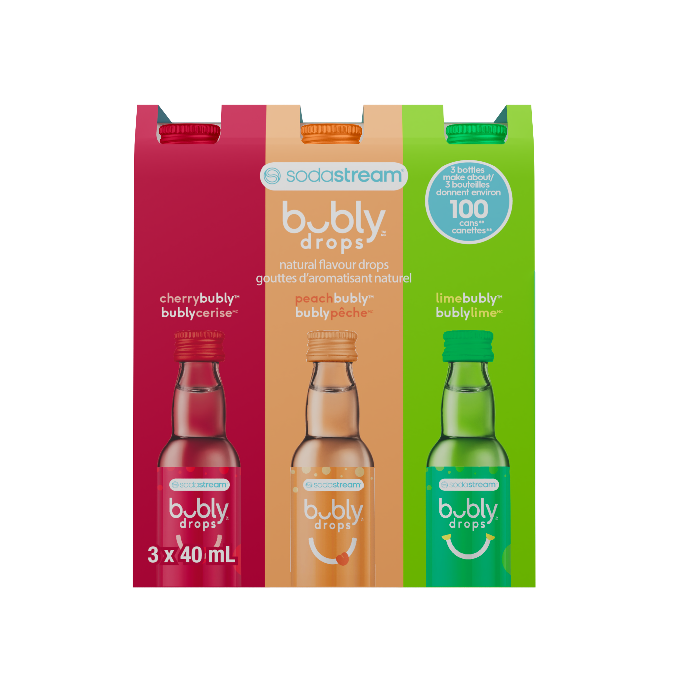 Saveurs naturelles bubly™ lime, cerise et pêche - paquet de 3 bouteilles de 40 ml sodastream